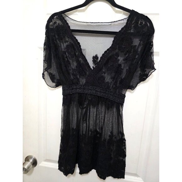 Sheer Black Floral Lace Cover-Up Beachy Festival V-Neckline & Waist Tie For Wome - Picture 2 of 6